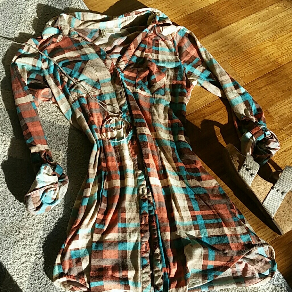 Teal, brown, coral, & tan flannel dress